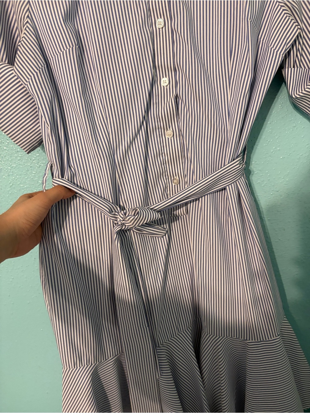 ANTONIO MELANI White and Navy Striped Midi Shirt Dress classic nautical belted - Picture 5 of 9